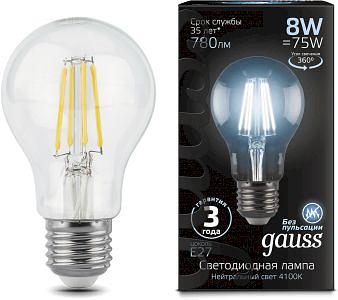 Лампа филам. Gauss 8Вт цок.:E27 шар 220B 4100K св.свеч.бел.нейт. A60 (упак.:10шт) (102802208) фото 2