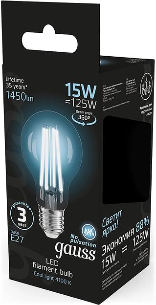 Лампа светодиодная Gauss Filament 102902215 15Вт цок.:E27 груша 220B св.свеч.бел.нейт. (упак.:10шт) фото 5