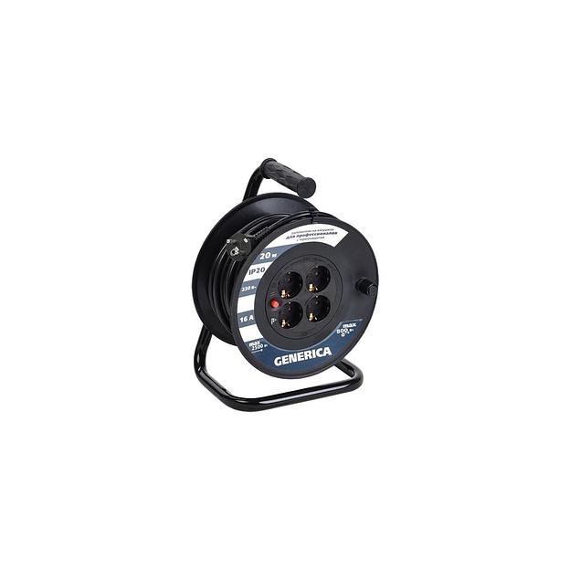 Удлинитель силовой IEK УК20, розеток 4шт, 3x1.5 кв.мм, 16A, 20м, ПВС, катушка, черный [wkp20-16-04-20-g] фото 1