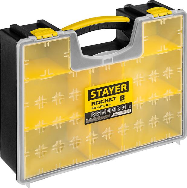 STAYER ROCKET-8, 420 х 330 х 110 мм, (16.5″), пластиковый органайзер с 8 съемными лотками (38033-16) фото 1