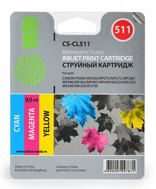 Картридж струйный Cactus CS-CL511 многоцветный (9мл) для Canon MP240/MP250/MP260/MP270/MP480/MP490 фото 1