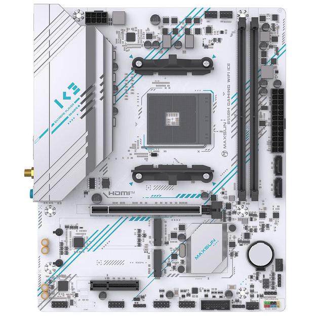 Материнская плата Maxsun MS-B550M GAMING WIFI ICE B550, AM4, 2*DDR4, 1*PCIEx16, 1*PCIEx4, 1*PCIEx1, 2*M.2, 4*USB3.2Gen1, 6*USB2.0, 2*SATA3.0, 1G, DP, HDMI, M-ATX, RTL фото 1