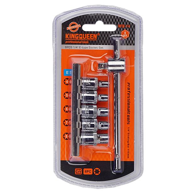 Набор головок E-тип с воротком 1/4 6 предметов KINGQUEEN WIB-14 фото 1