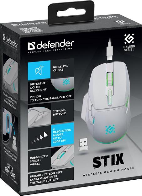 Мышка USB OPTICAL GAMING WHITE STIX GM-009 52009 DEFENDER фото 4
