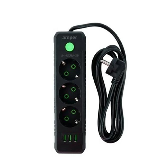 Amper сетевой удлинитель, 4,0м, 3 розетки, 10А, 2500 Вт, 3usb, черный. фото 1