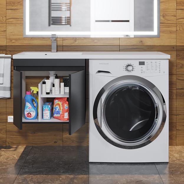 Тумба под стиральную машину с раковиной Uperwood Magenta 60/120 см, подвесная, черная, с дверцами, левая фото 6