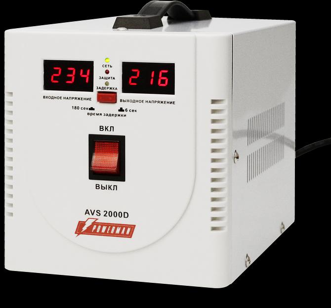 Стабилизатор POWERMAN AVS 2000D, ступенчатый регулятор, цифровые индикаторы уровней напряжения, 2000ВА, 140-260В, максимальный входной ток 12А, 2 евророзетки, IP-20, напольный, 200мм х 160мм х 190мм, 4.9 кг. POWERMAN AVS 2000D фото 1