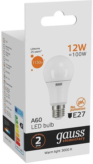 Лампа светодиодная Gauss Elementary 12Вт цок.:E27 груша 220B 3000K св.свеч.бел.теп. A60 (упак.:10шт) (23212) фото 6