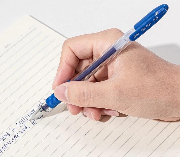 Ручка гелев. Deli EG150-BL прозрачный d=0.38мм син. черн. игловидный пиш. наконечник резин. манжета фото 2