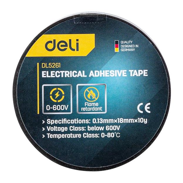 Изолента Deli DL5261 0,13мм х 18мм х 10м, напряжения до 600В, температурный рейтинг 0-80, ПВХ фото 1