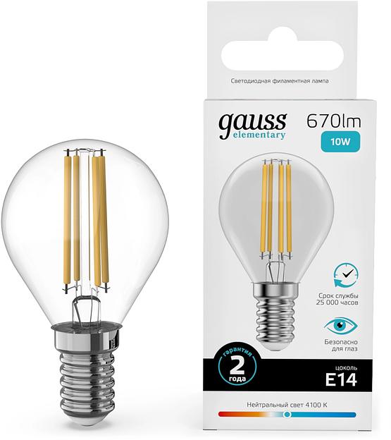 Лампа филам. Gauss Filament 10Вт цок.:E14 шар св.свеч.бел.нейт. (упак.:10шт) (52120) фото 1