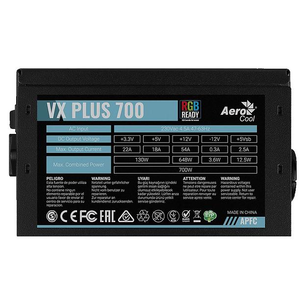 Блок питания Aerocool 700W Retail VX PLUS 700 RGB, ATX v2.3, RGB-подсветка, A.PFC, fan 120mm, 2x PCI-E [6+2-Pin], 6x SATA, 3x MOLEX, 1x FDD (VX PLUS 700 RGB) фото 5
