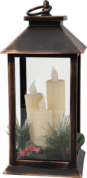 Декоративный фонарь со свечкой и шишкой, бронзовый корпус, размер 14x14x27 см, цвет теплый белый фото 5