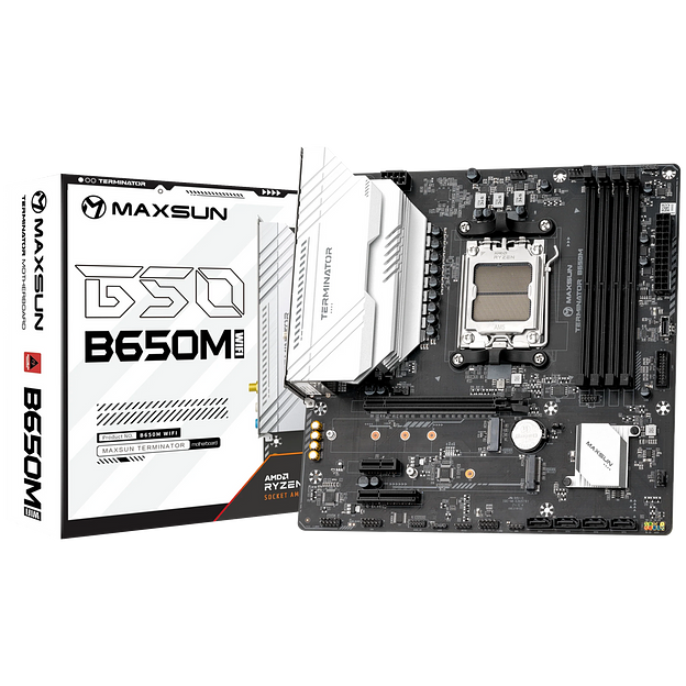 Материнская плата Maxsun MS-Terminator B650M WIFI6 B650, AM5, 4*DDR5, 1*PCIEx16, 1*PCIEx4, 1*PCIEx1, 2*M.2, 2*TypeC, 6*USB3.2Gen1, 6*USB2.0, 4*SATA3.0, 2.5G, DP, HDMI, M-ATX, RTL фото 1