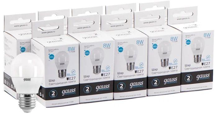 Лампа светодиодная Gauss Elementary 8Вт цок.:E27 шар 220B 4100K св.свеч.бел.нейт. (упак.:10шт) (53228) фото 3