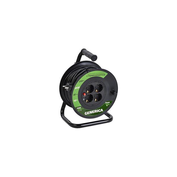Удлинитель силовой IEK GENERICA УК30, розеток 4шт, 3x1.0 кв.мм, 10A, 30м, ПВС, катушка, черный [wkp10-10-04-30-g] фото 1