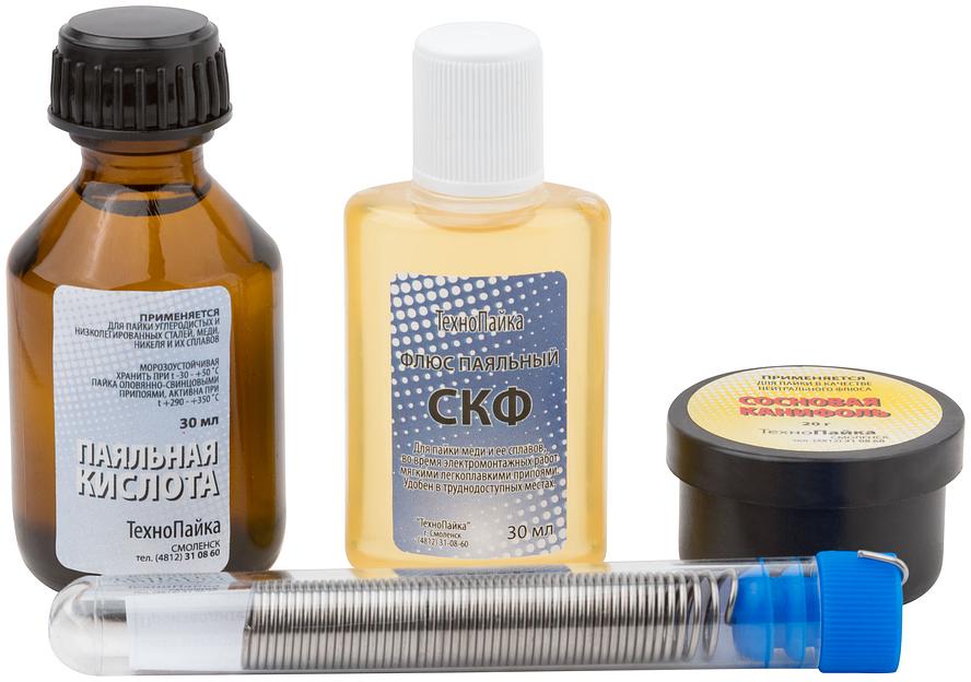 Набор для пайки № 2 (припой ПОС-61 с каниф. 10гр, каниф.сосн. 20гр, кислота паял. 30мл, флюс СКФ 30мл) фото 1