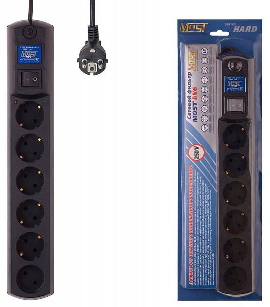 Сетевой фильтр Most HV6 2м (6 розеток) черный (коробка) фото 1