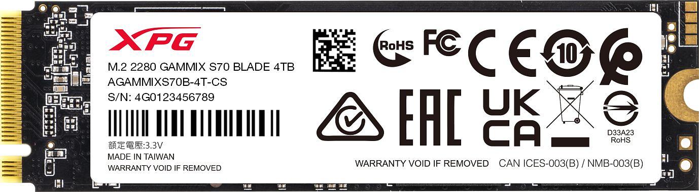 Накопитель SSD A-Data PCIe 4.0 x4 4TB AGAMMIXS70B-4T-CS XPG Gammix S70 Blade M.2 2280 фото 1