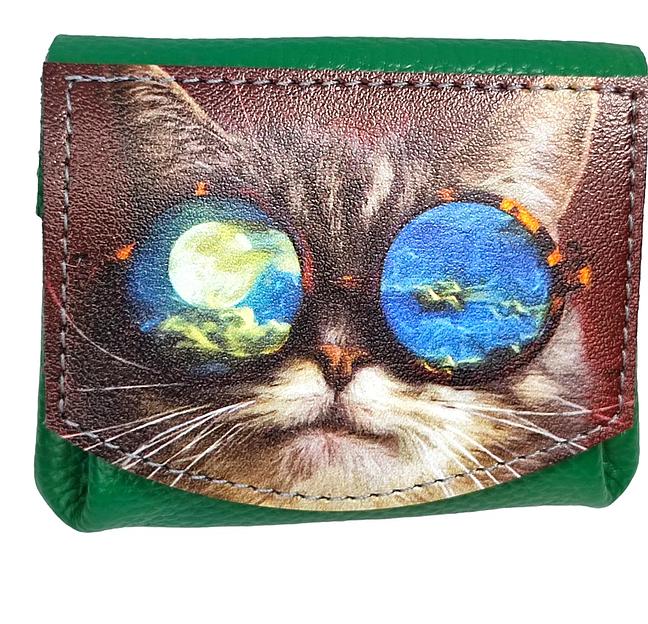 Кошелек кожаный с ремешком «Кот в очках» ОПТ фото 1