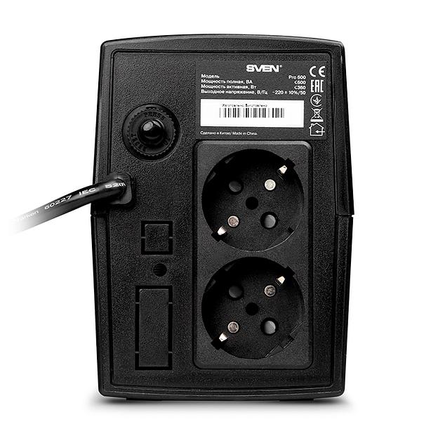 ИБП SVEN Pro 600, линейно-интерактивный, автоматический стабилизатор напряжения, 360Вт, 600Ва, 2 евророзетки, черный, габариты 100х295х145мм, 4,3кг. SVEN Pro 600 (SV-013837) фото 3