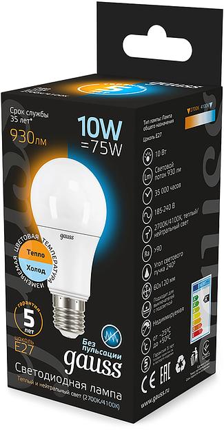 Лампа светодиодная Gauss A60 10Вт цок.:E27 груша 220B св.свеч.бел.теп. (упак.:10шт) (102502110-T) фото 4
