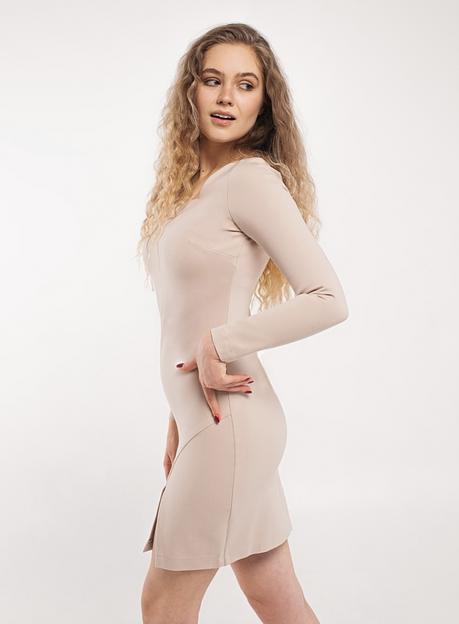 Платье футляр трикотажное с вырезом и разрезом на бедре, Бежевый - INHIT, Опт фото 2