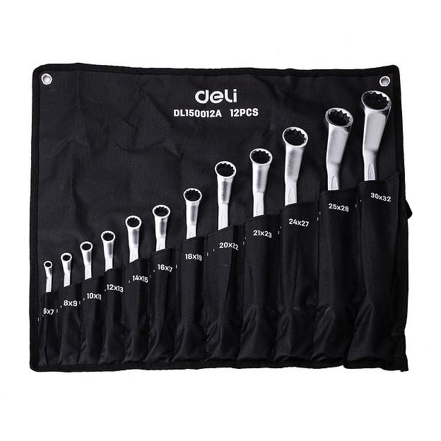 Ключи Deli Набор накидных изогнутых гаечных ключей 12 шт Deli DL150012A (размеры 6x7, 8x9, 10x11, 12x13, 14x15, 16x17, 18x19, 20x22, 21х23, 24х27, 25х28, 30х32, матовая хромированная поверхность, чехол из ткани Оксфорд) фото 1