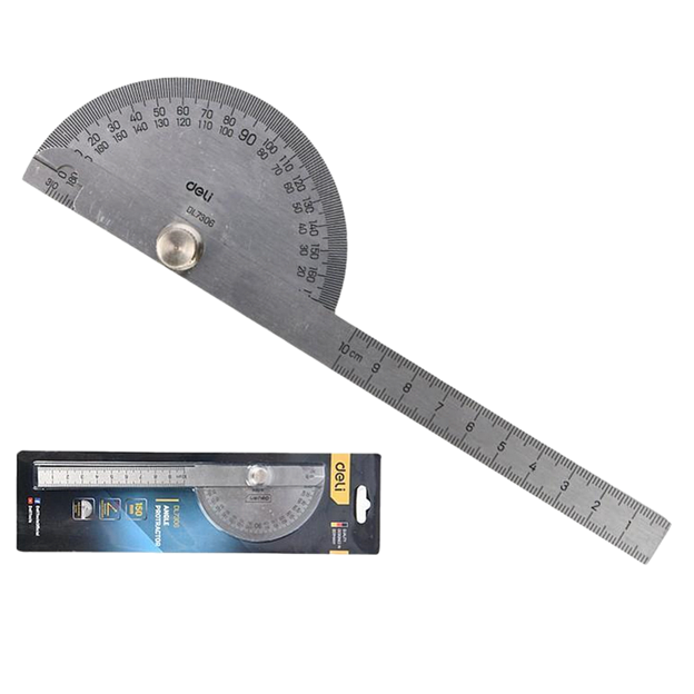 Транспортир переставной с линейкой Deli DL7306 150мм, диапазон 0-180 град., нержавеющая сталь фото 1