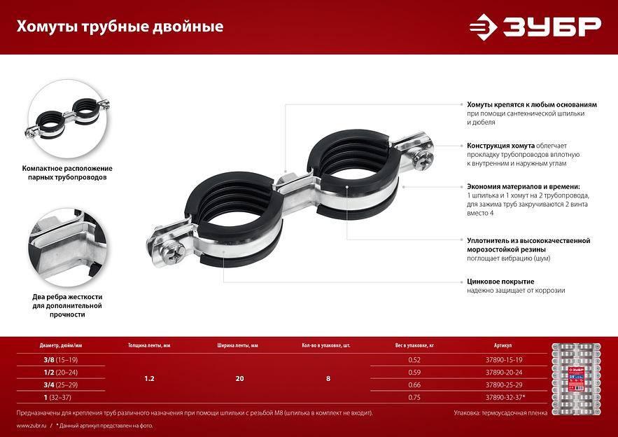 ЗУБР 1/2″, цинк, 8 шт, двойной трубный хомут (37890-20-24) фото 6