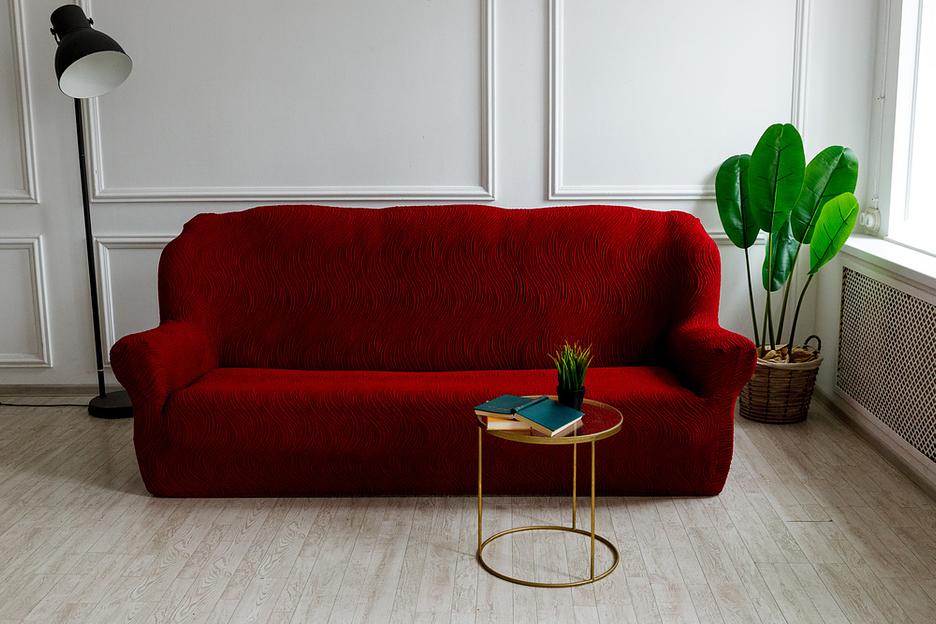 Чехол на трёхместный диван Чехлы&Пледы «Жаккард Волна» бордо ОПТ фото 1