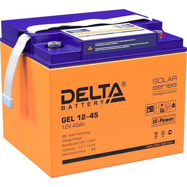 Батарея DELTA серия GEL, GEL 12-45, напряжение 12В, емкость 45Ач (разряд 20 часов), макс. ток разряда (5 сек.) 450А, макс. ток заряда 9А, свинцово-кислотная типа AGM+GEL, клеммы под болт М6, ДxШxВ 196х166х173мм., вес 14.1кг., LCD, срок службы 10-12 лет. фото 1
