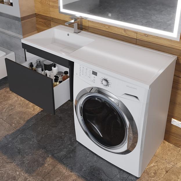 Тумба под стиральную машину с раковиной Uperwood Magenta 60/120 см, подвесная, черная, выдвижной ящик, левая фото 6