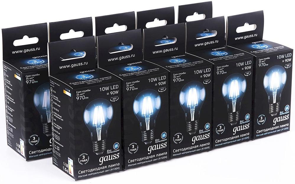 Лампа филам. Gauss 10Вт цок.:E27 шар 220B 4100K св.свеч.бел.нейт. A60 (упак.:10шт) (102802210) фото 4