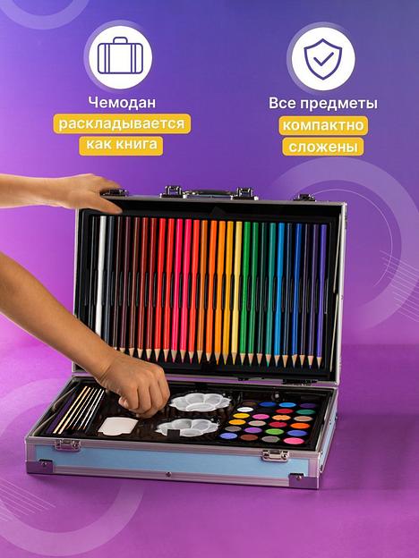 Чемодан юный художник на 141 предмет, двухъярусный, голубой фото 3