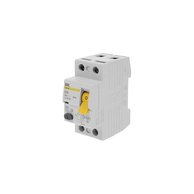 Выключатель дифф. тока (УЗО) IEK ВД1-63 (MDV10-2-063-030) 63A 2П 230В 2 модуля белый (упак.:1шт) фото 1