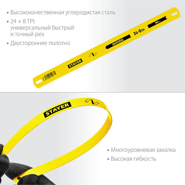STAYER Universal, 8 + 24 TPI, 25 х 300 мм, 1 шт, коробка 50 шт, универсальное двустороннее широкое полотно по дереву и металлу (1591) фото 2