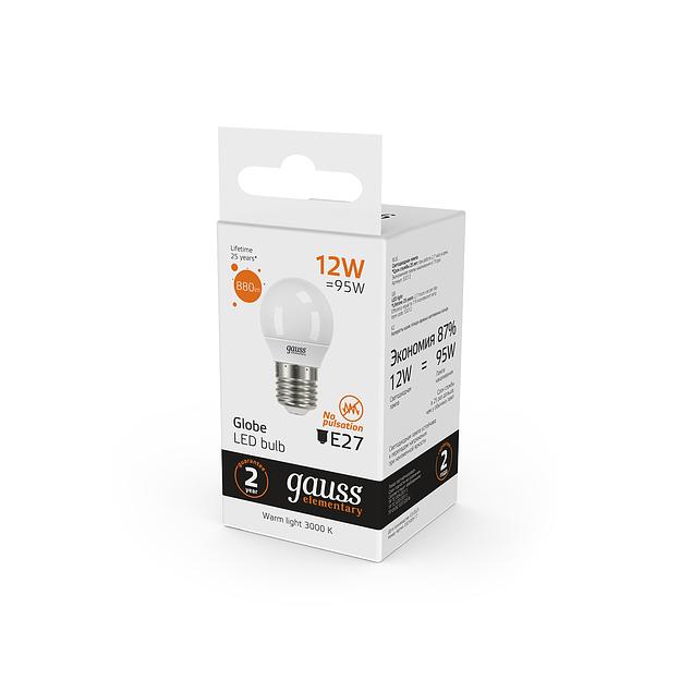 Лампа светодиодная Gauss Elementary 12Вт цок.:E27 шар 220B 3000K св.свеч.бел.теп. (упак.:1шт) (53212) фото 6