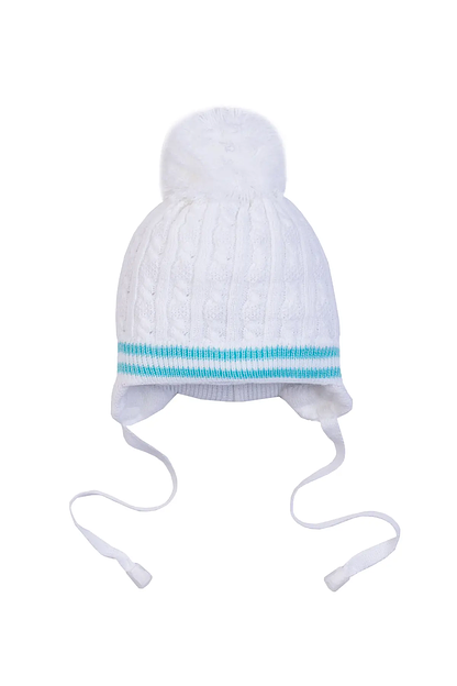 Шапка вязаная детская белый-светлая бирюза полосы, осень, Опт фото 1
