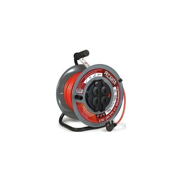 Удлинитель силовой Ресанта СУ-3х2,5КГ-30/3, розеток 4шт, 3x2.5 кв.мм, 16A, 30м, ПВС, катушка металлическая, черный [61/118/9] фото 1