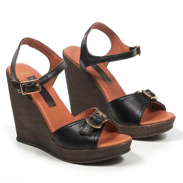 Босоножки женские из натуральной кожи на танкетке р-р.34, арт.МТ444 чёрный ОПТ фото 1