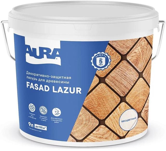 Декоративно-защитная лазурь для древесины "Aura Fasad Lazur" б/цв. 9л фото 1