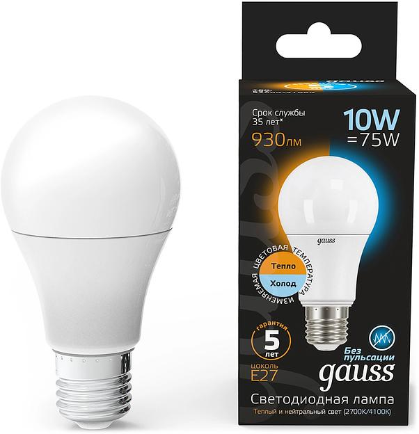 Лампа светодиодная Gauss A60 10Вт цок.:E27 груша 220B св.свеч.бел.теп. (упак.:10шт) (102502110-T) фото 1