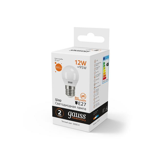 Лампа светодиодная Gauss Elementary 12Вт цок.:E27 шар 220B 3000K св.свеч.бел.теп. (упак.:10шт) (53212) фото 5