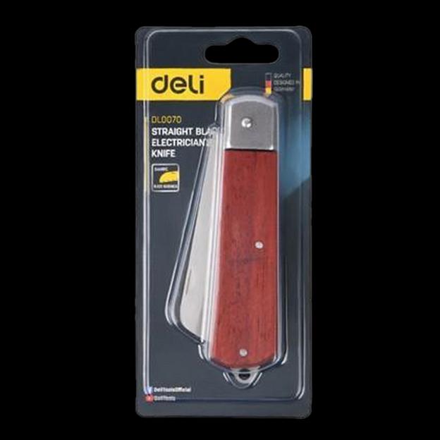 Нож электрика прямой складной Deli DL0070 длина 200мм, нержавеющая сталь, деревянная рукоять фото 3