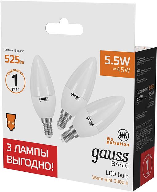 Лампа светодиодная Gauss Basic 1033116T 5.5Вт цок.:E14 свеча 240B 3000K св.свеч.бел.теп. (упак.:3шт) фото 4