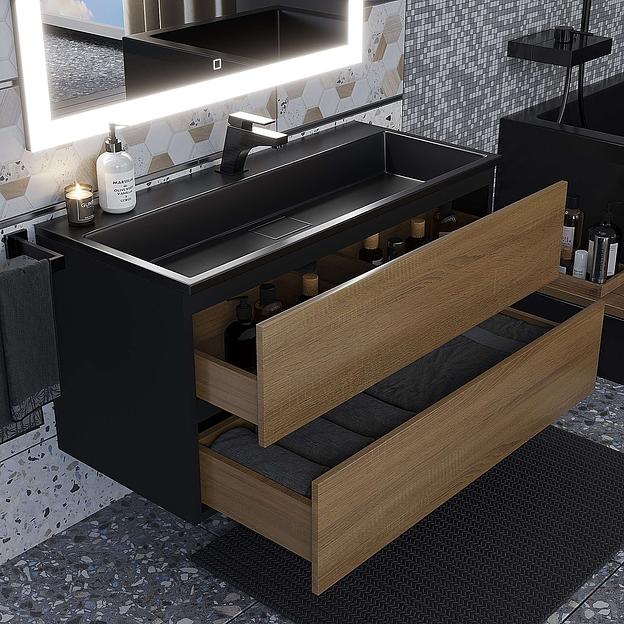 Тумба с раковиной для ванной для ванной Uperwood Barsa 100 см, раковина черная, подвесная тумба черная/дуб сонома фото 3