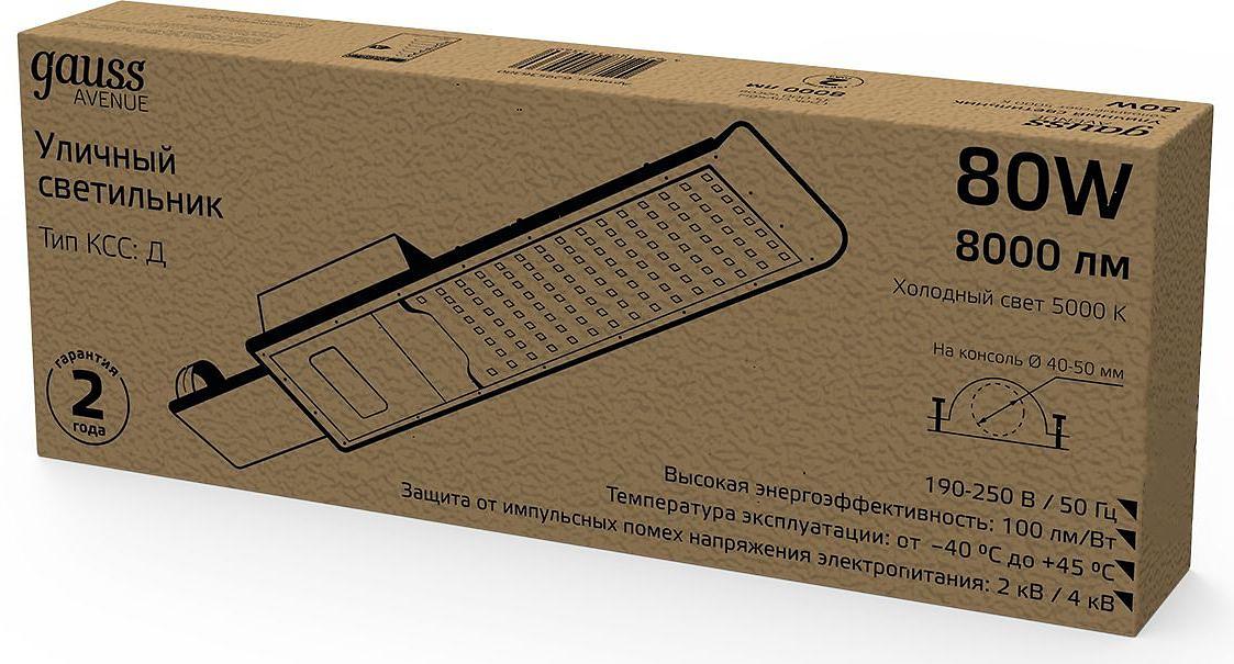Светильник светодиодный уличный консольный LED ДКУ 80 Вт 8000 Лм 5000К IP65 190-250 В КСС Д 420х160х57 мм Avenue Gauss Gauss 629536380 фото 3