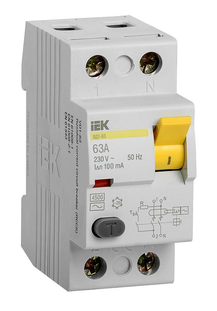 Выключатель дифф.тока УЗО IEK ВД1-63 MDV10-2-063-100 63A 100мА AC 2П 230В 2мод белый (упак.:1шт) фото 1