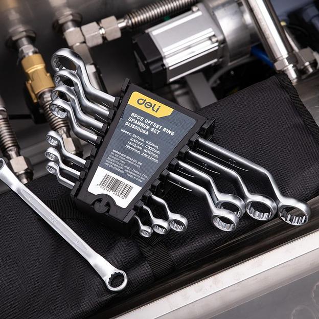 Ключи Deli Набор накидных изогнутых гаечных ключей 8 шт Deli DL150008A размеры 6x7, 8x9, 10x11, 12x13, 14x15, 16x17, 18x19, 20x22 мм, матовая хромированная поверхность, пластиковый кейс фото 6
